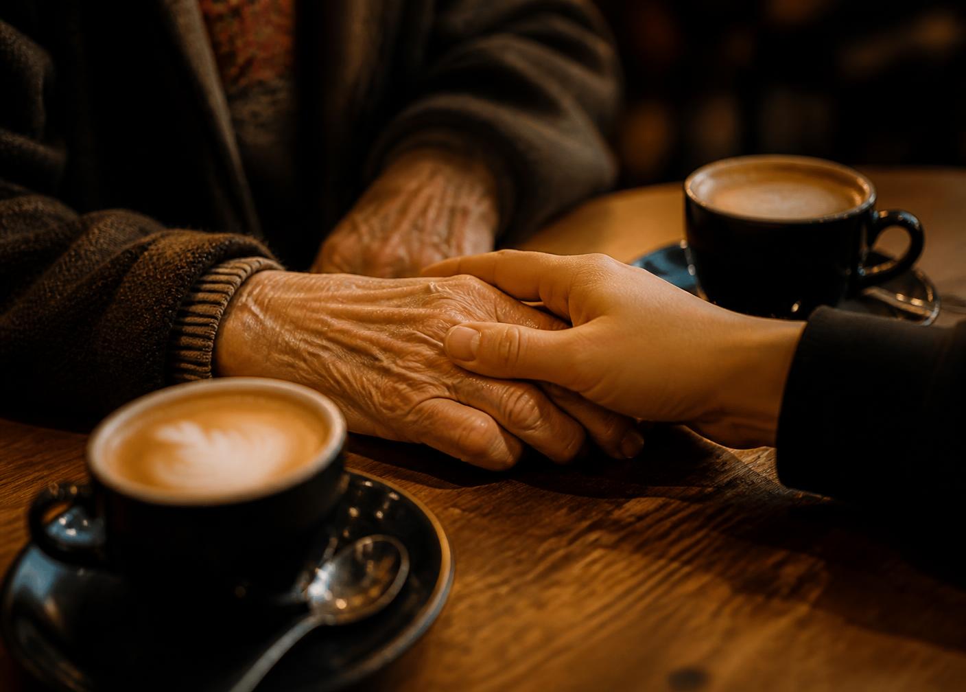 Eine jüngere Hand hält behutsam die Hand einer älteren Person an einem Kaffeetisch
