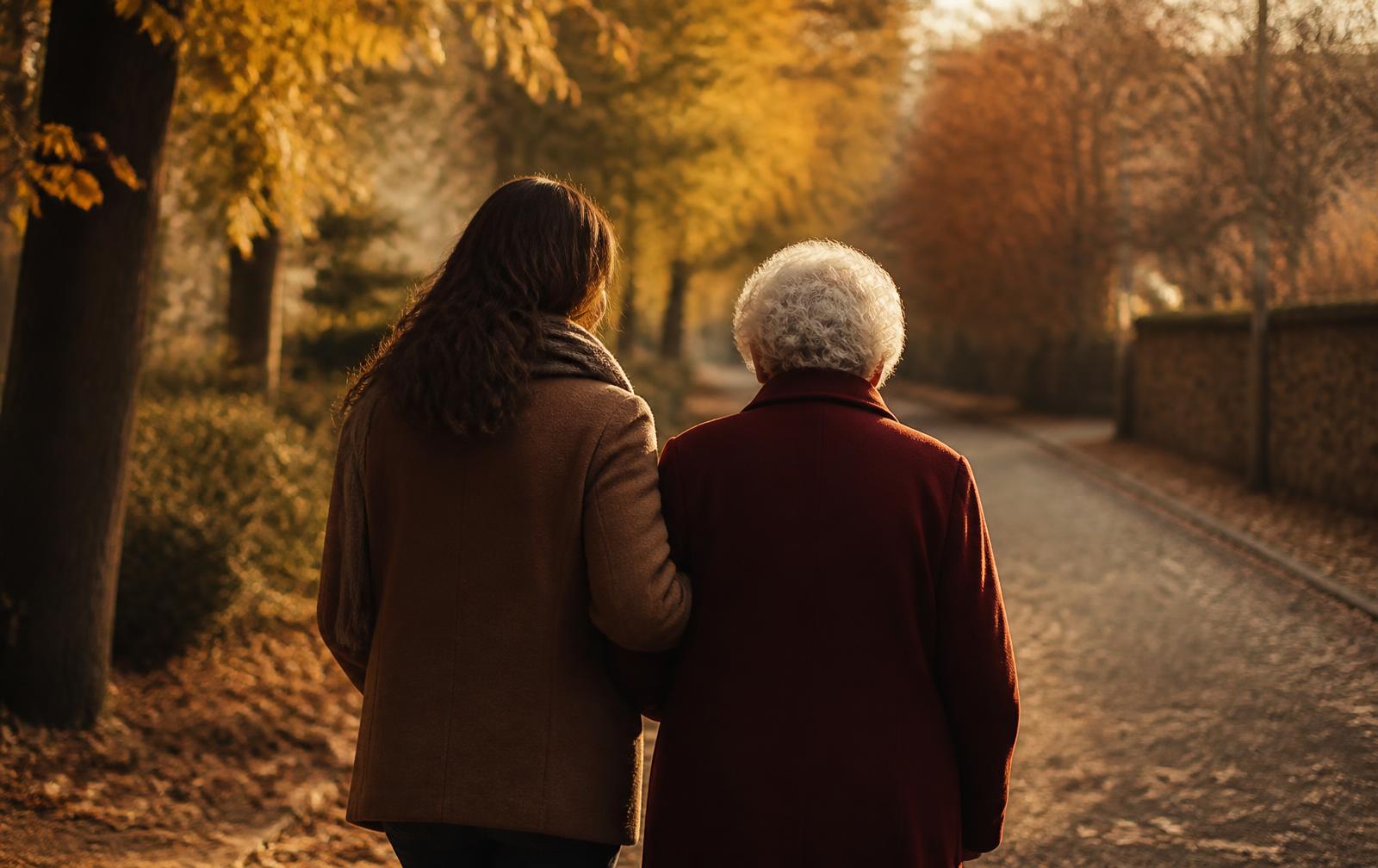 Eine Begleiterin geht Arm in Arm mit einer älteren Dame über einen herbstlichen Weg